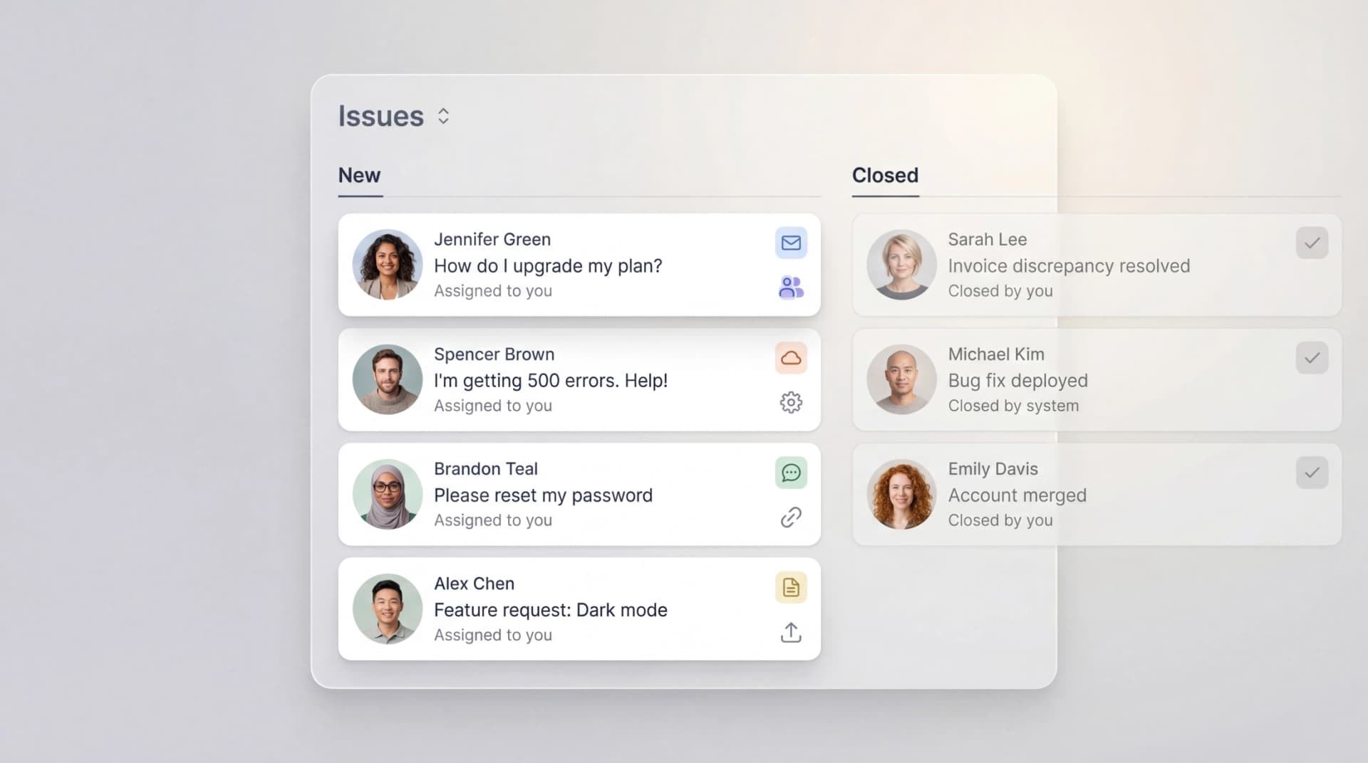 Novaico ticket overview interface showing the 5-column kanban board