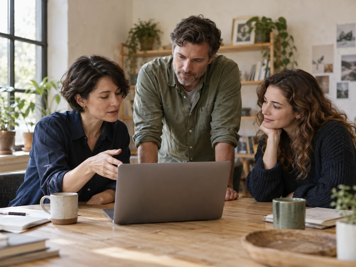 Three colleagues working together around a laptop.